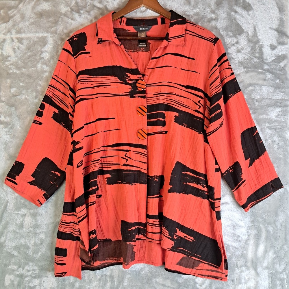 Ali Miles Tunic Top Blouse XL Coral Black Abstract Print Button Artsy Lagenlook